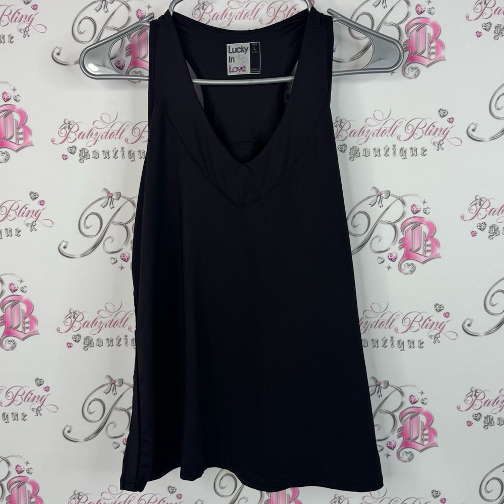 Lucky in Love tank top racer back stretchy Black Tank Top